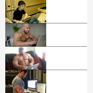 Buff Guys Help Out Nerdy Kid Empty Template   4 Panel   Buff Guys Typing On Laptops   Why Yes, How Could You Tell  Variant   Mucles Fort Maigre Geek meme template