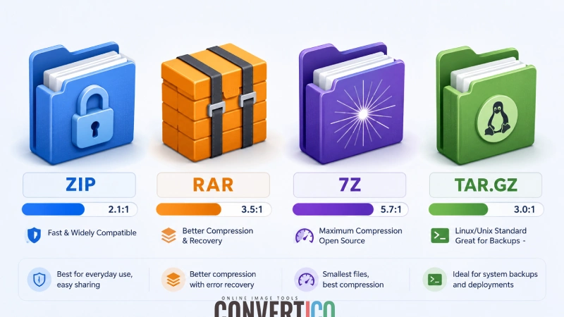 Visueller Vergleich der Archivformate ZIP, RAR, 7Z und TAR mit ihren typischen Anwendungsf llen