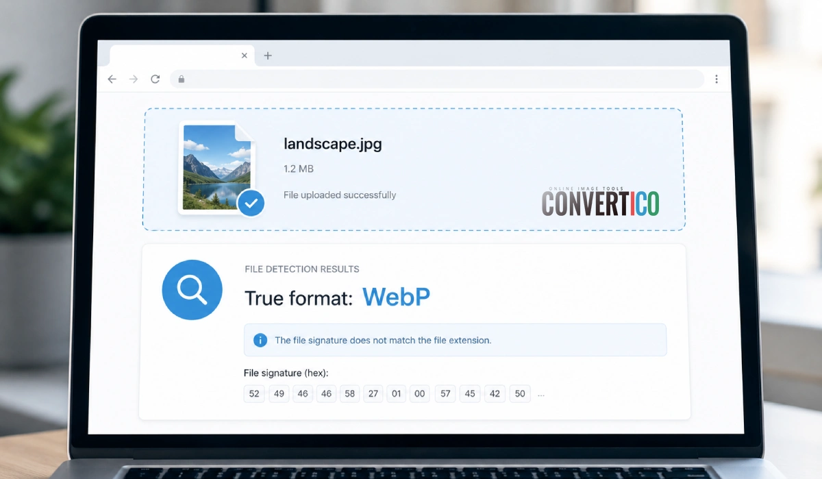 Der Bildformatdetektor liest eine Dateisignatur und zeigt das tats chliche Bildformat im Browser an.