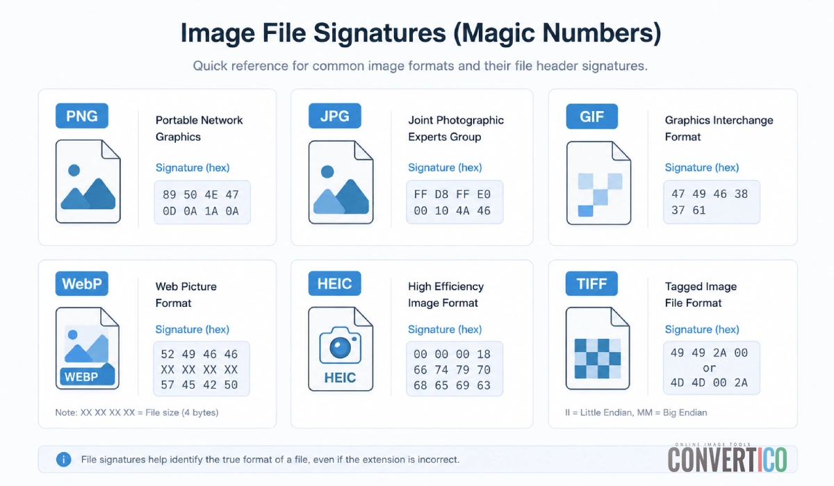Kurz bersicht der Bildformatsignaturen mit Hex-Headern f r PNG, JPG, GIF, WebP und HEIC
